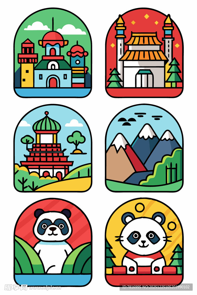 各国特色建筑与熊猫图标