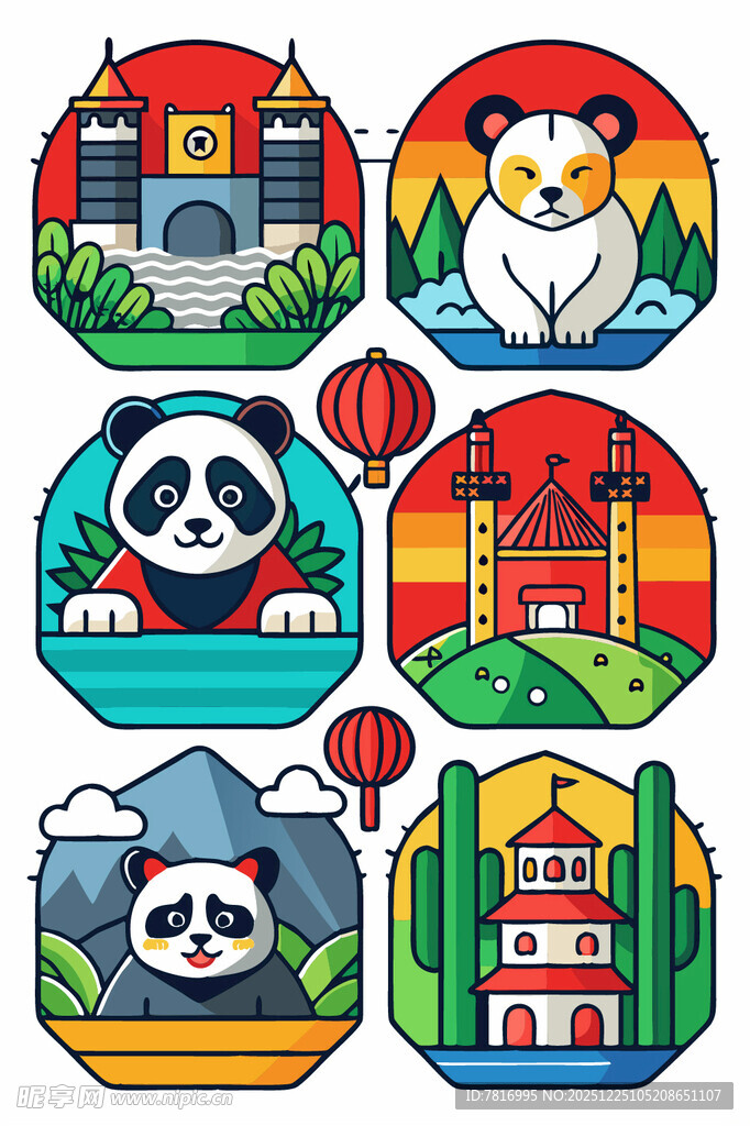可爱动物与地标建筑图标集