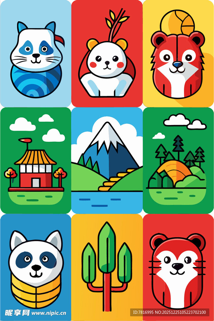 多彩动物与风景卡通图案