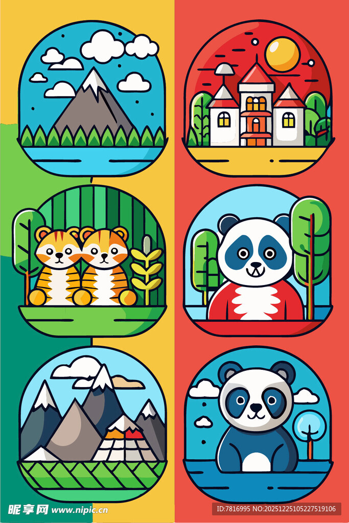 可爱动物与风景插画