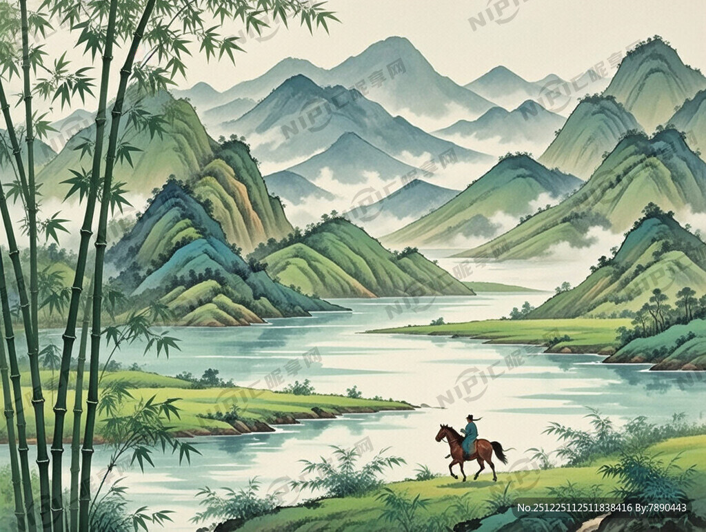 绿色 竹林 远山 骑马的人