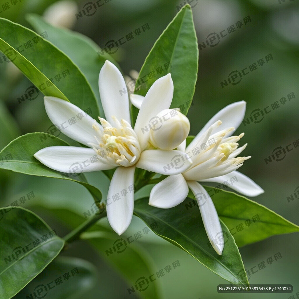 一枝橘子花  带叶子。