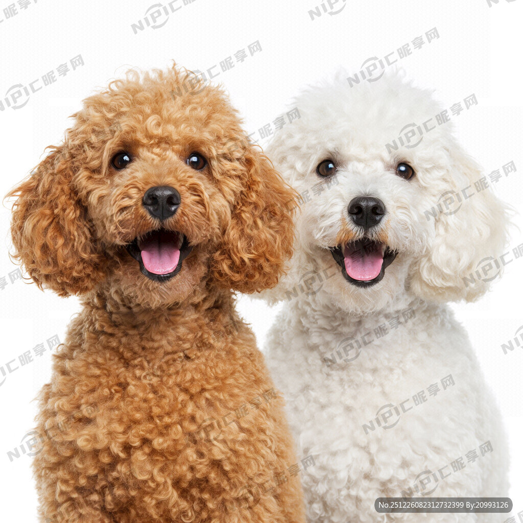 白底 两只可爱的小狗 张口微笑