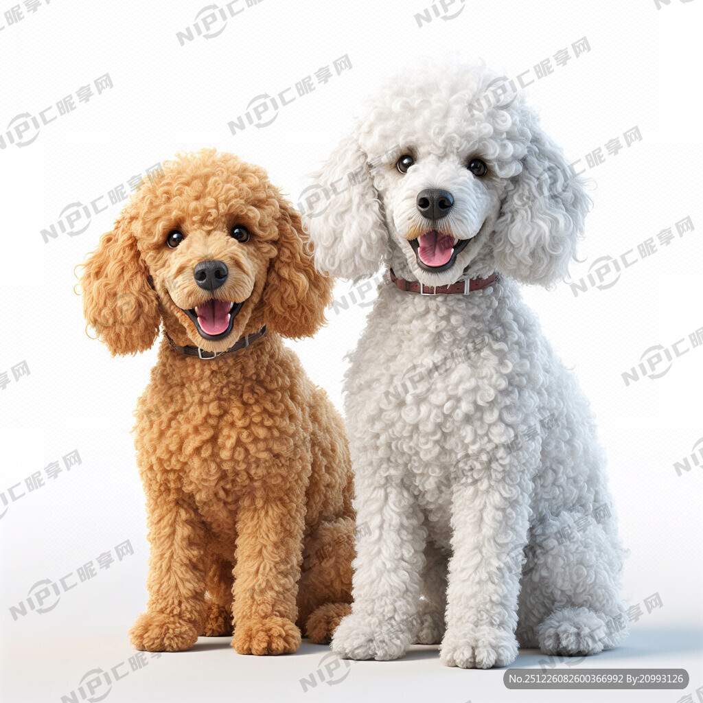 白底 两只可爱的小狗 张口微笑