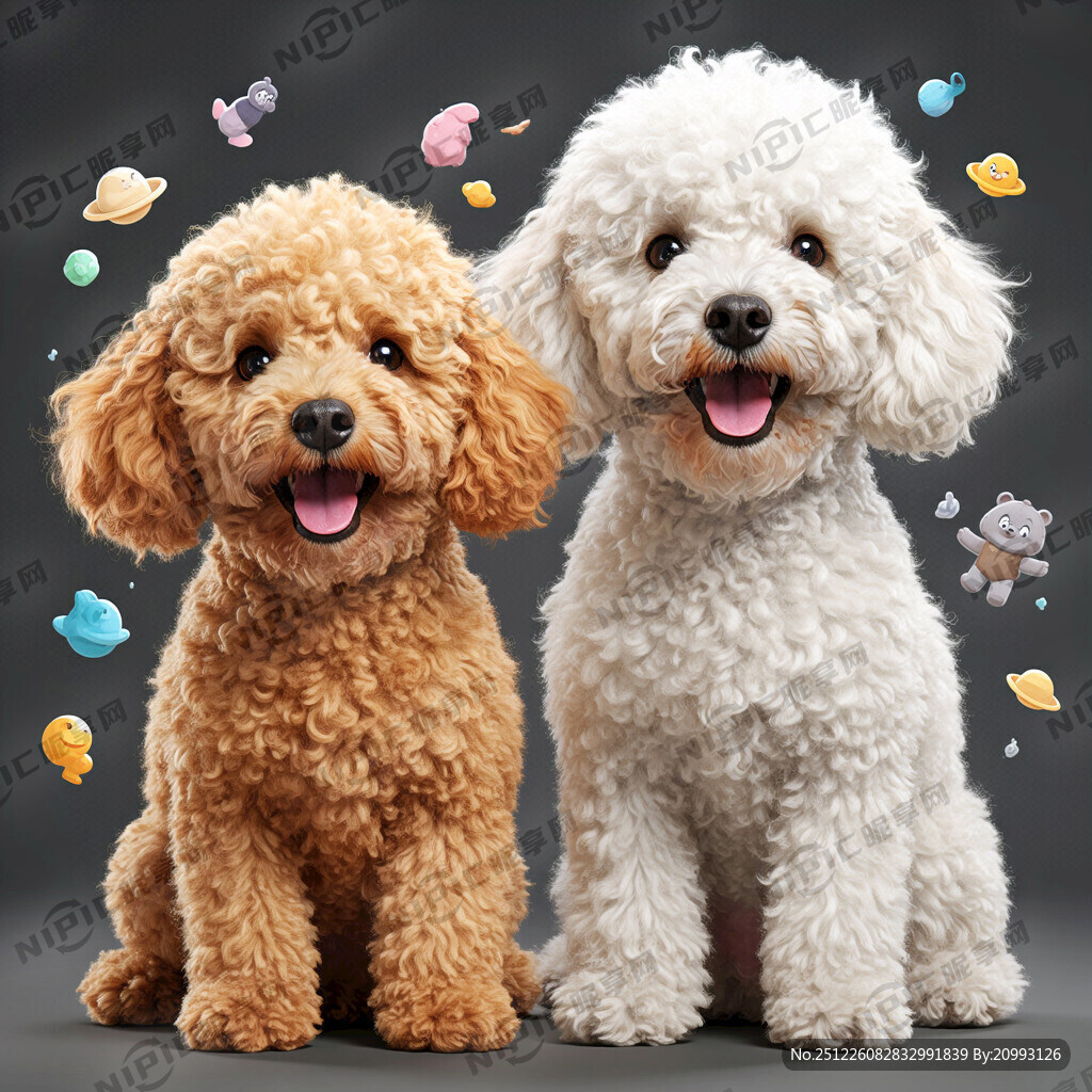 白底 两只可爱的小狗 张口微笑