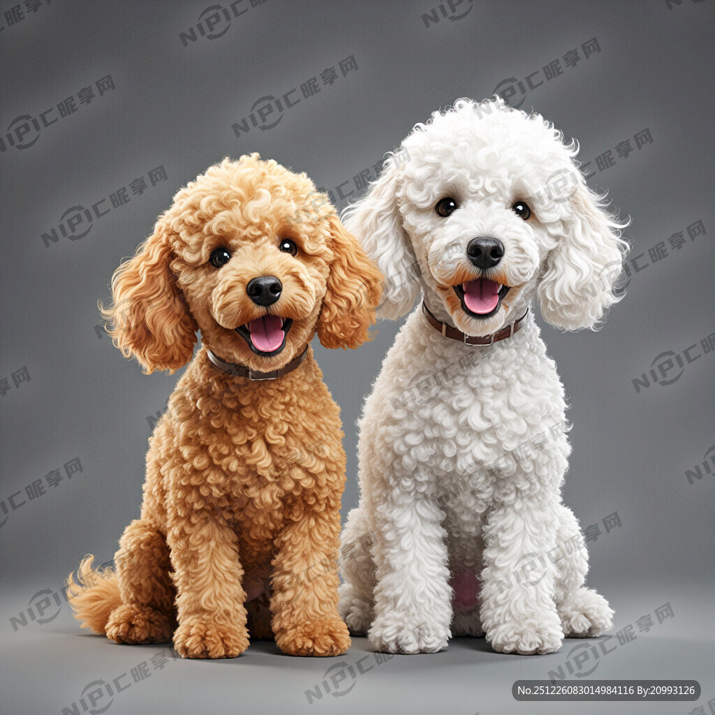 白底 两只可爱的小狗 张口微笑