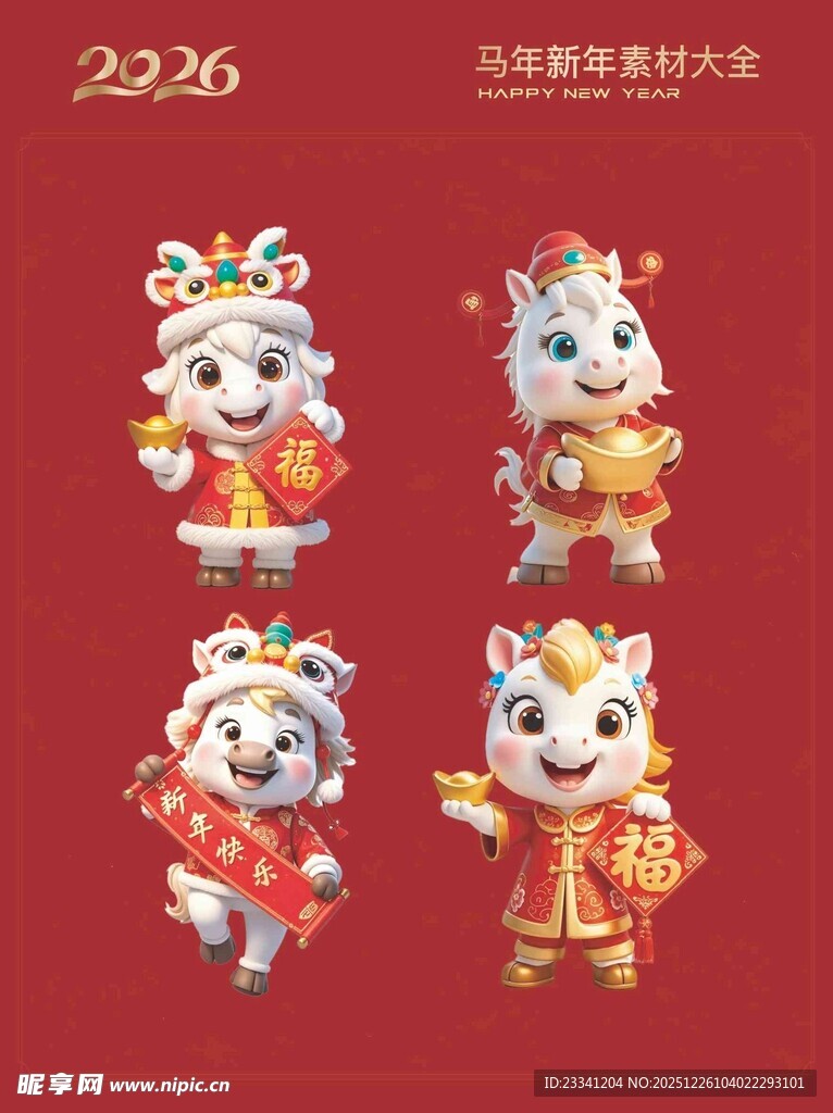 四只萌态生肖马贺岁形象