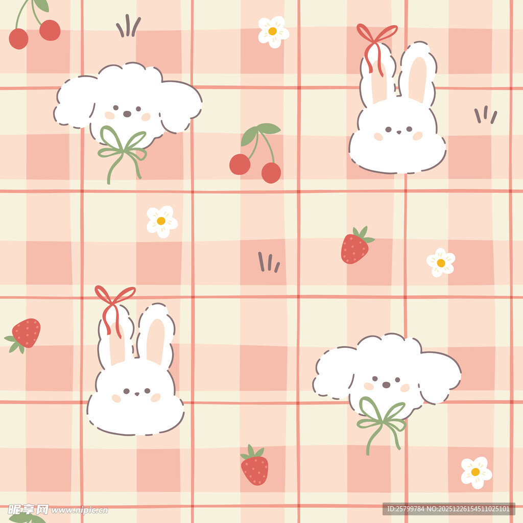 可爱兔子草莓格子图案