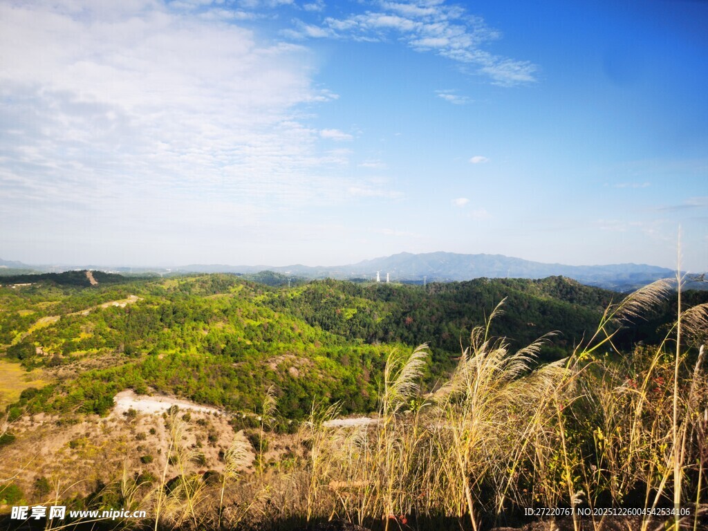 山间美景 草茂蓝天相映