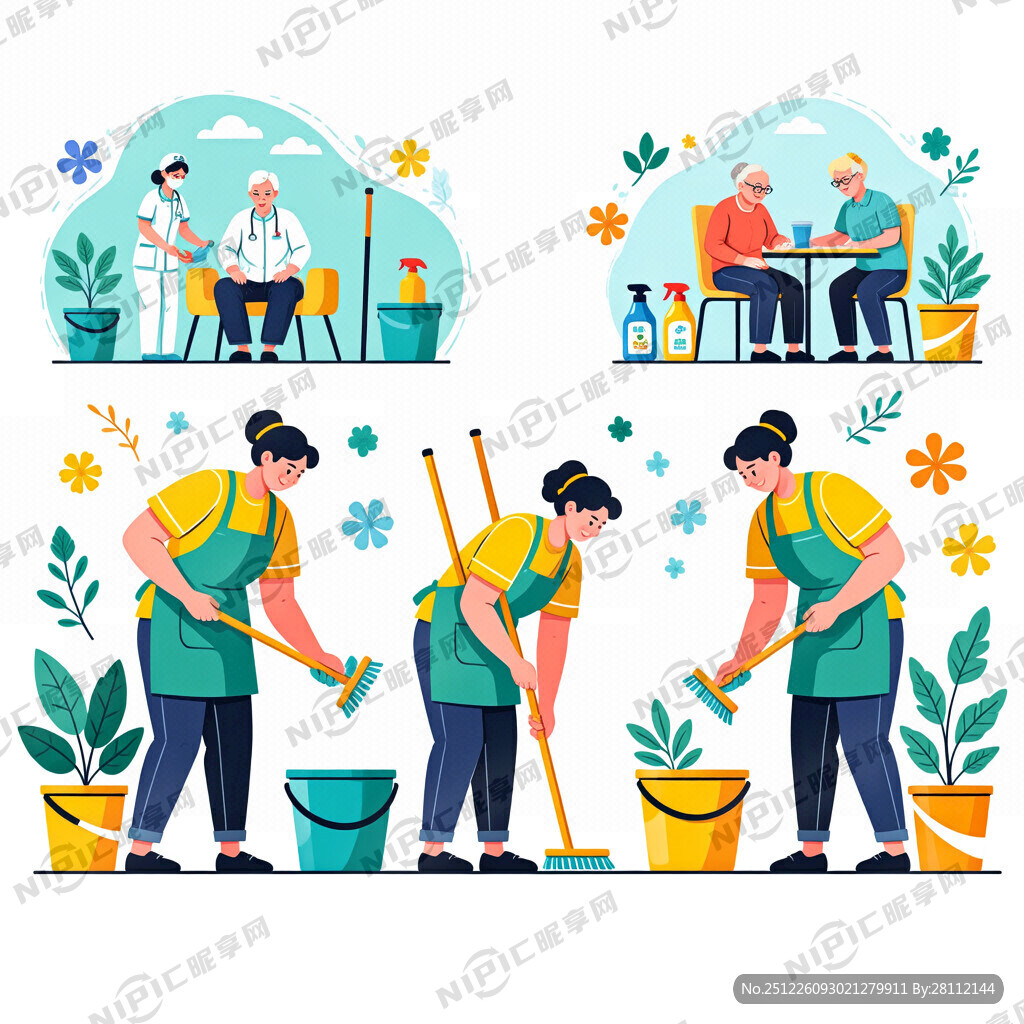 三位清洁员分别在擦拭、扫地和打
