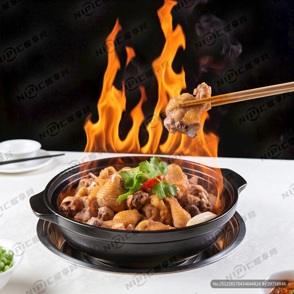 带火焰得鲜鸡煲火锅