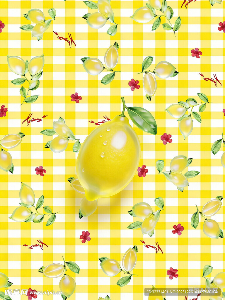 黄格背景上的清新柠檬图案