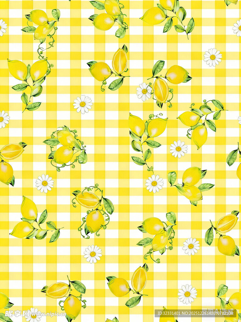 柠檬花卉格子图案背景