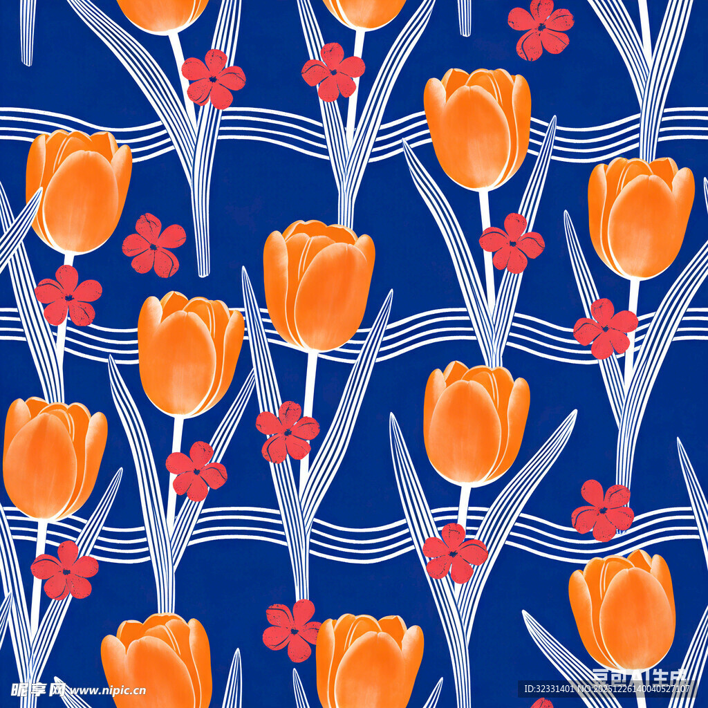 蓝色背景的郁金香花卉图案