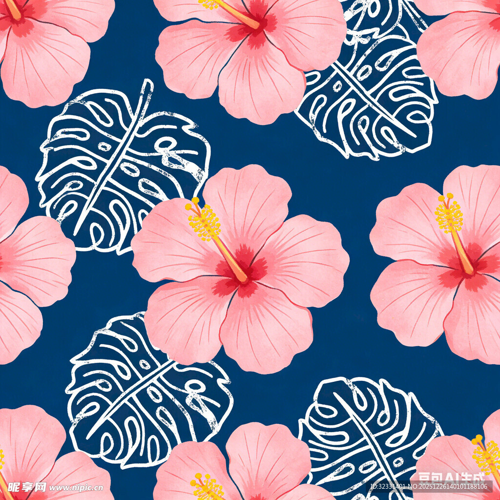 蓝色背景粉色扶桑花图案