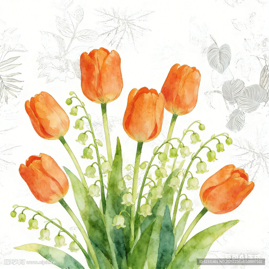 水彩绘橙色郁金香与铃兰