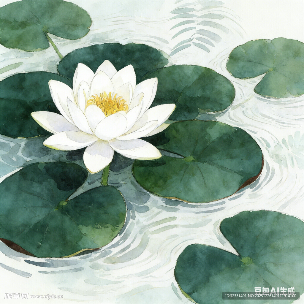 水中白睡莲与翠绿莲叶