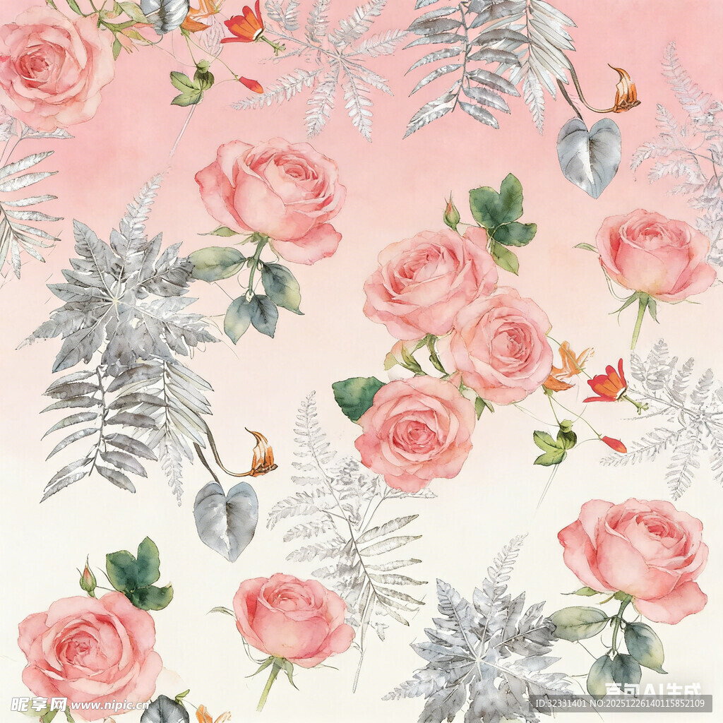 粉色花卉飞鸟浪漫图案