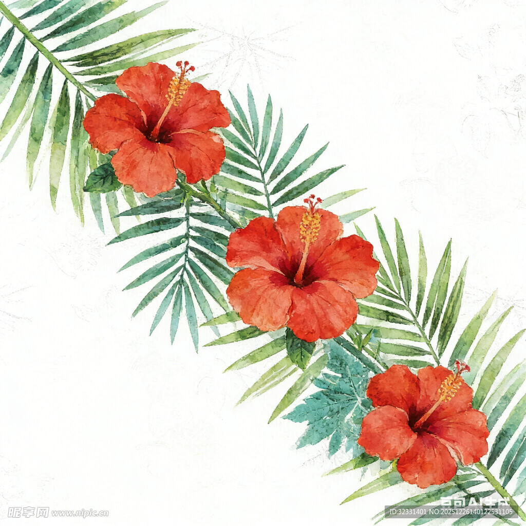 水彩绘扶桑与棕榈叶装饰