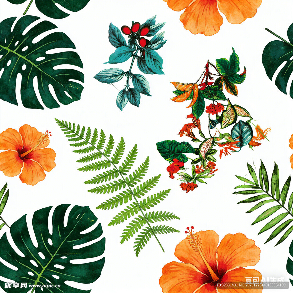 热带花卉与绿植图案