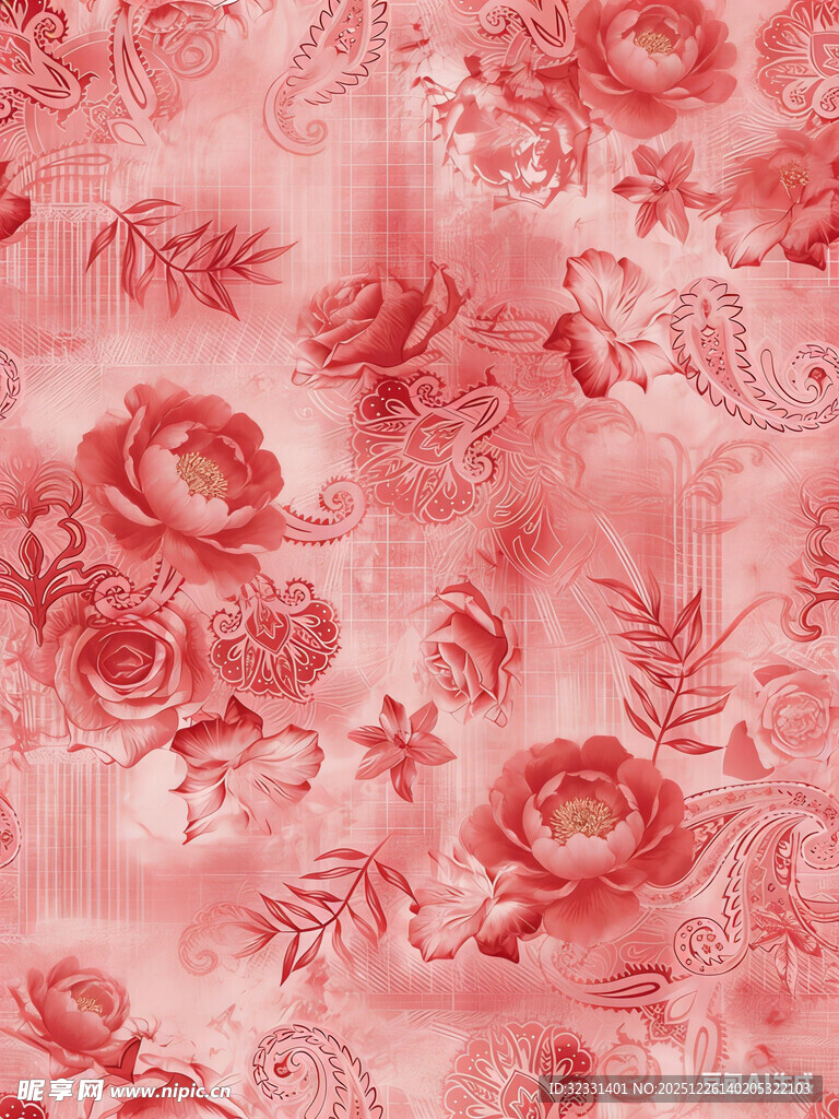 粉色玫瑰花纹布料图案