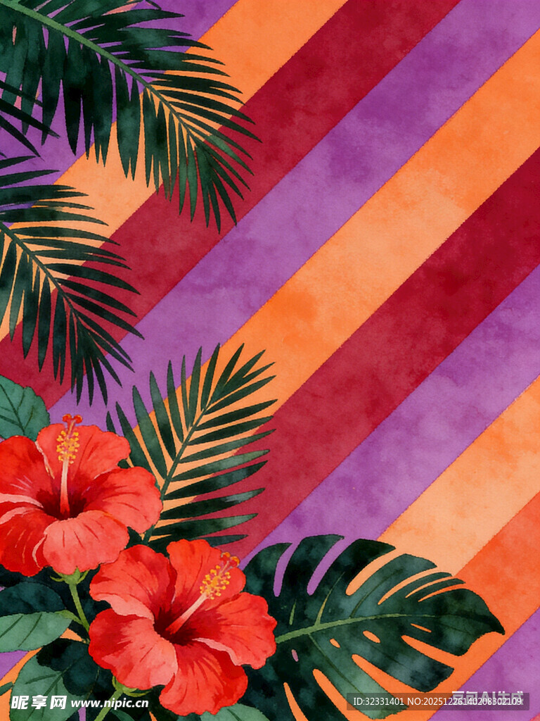 热带花卉与棕榈叶图案