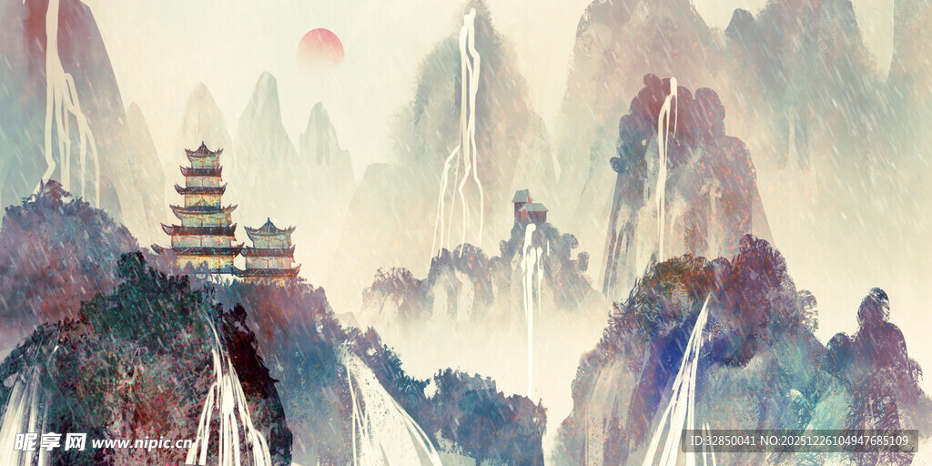 水墨山水间的古韵楼阁