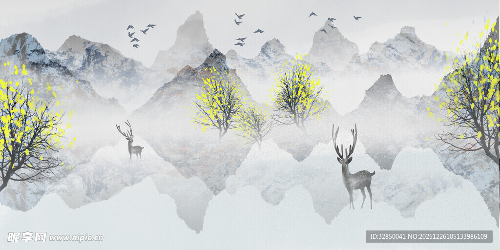 水墨山水间的灵动鹿影