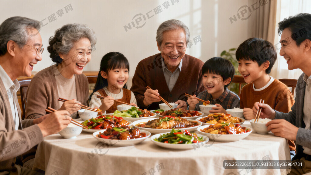 一家老小在家里吃饭