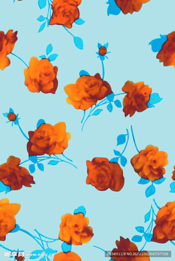 蓝色底橙色花朵图案