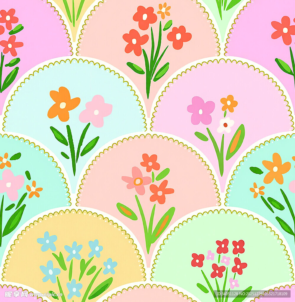 多彩花卉扇形图案背景