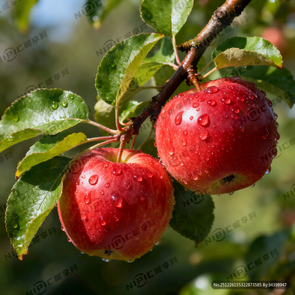  树枝树叶2个带水珠的大红苹果
