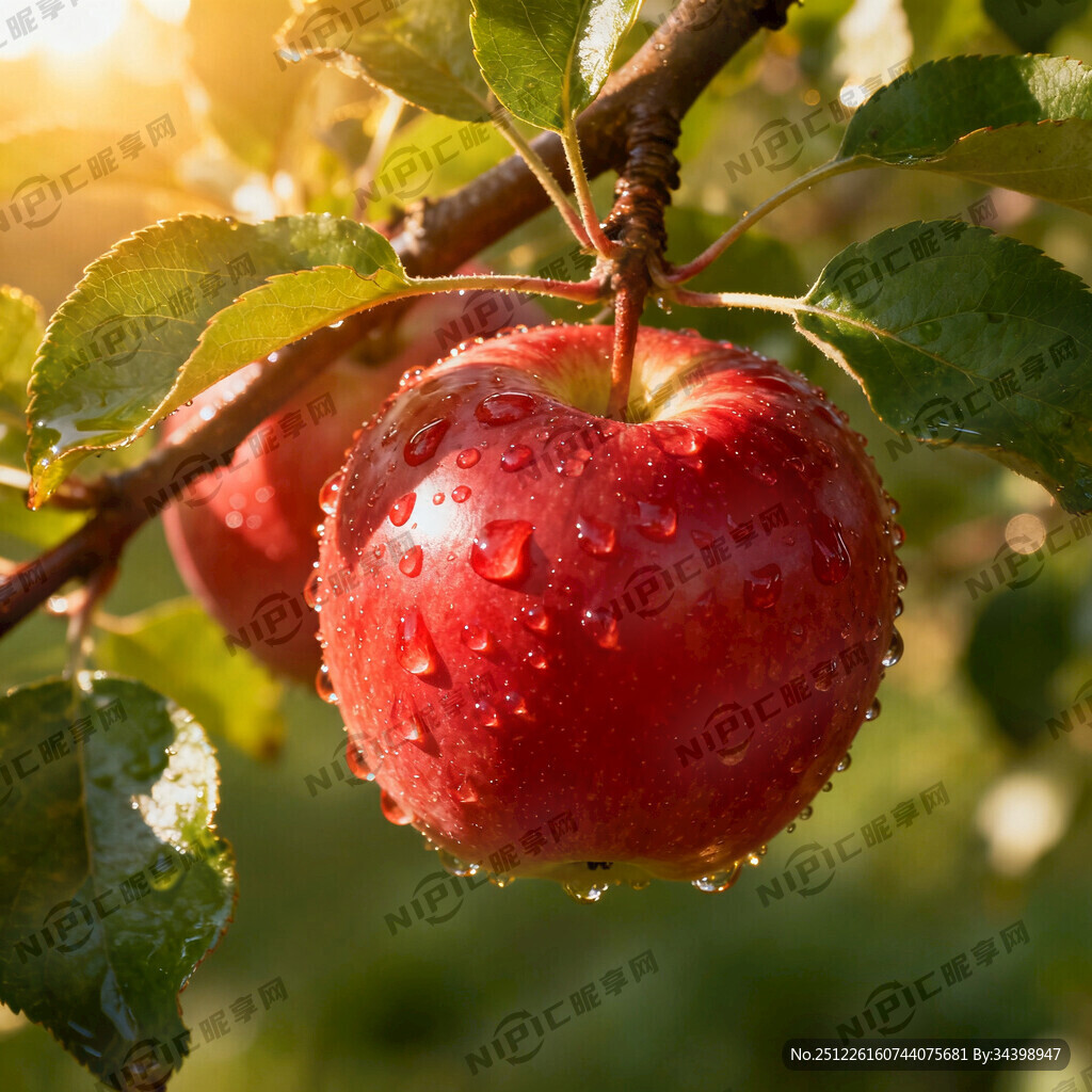阳光下的绿色叶子树枝上带水珠的
