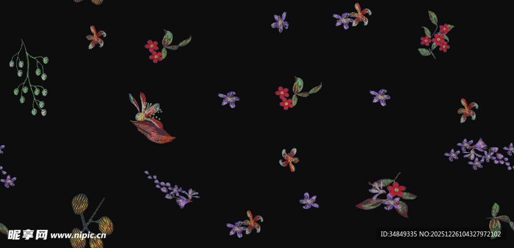 黑色背景上的缤纷花卉图案