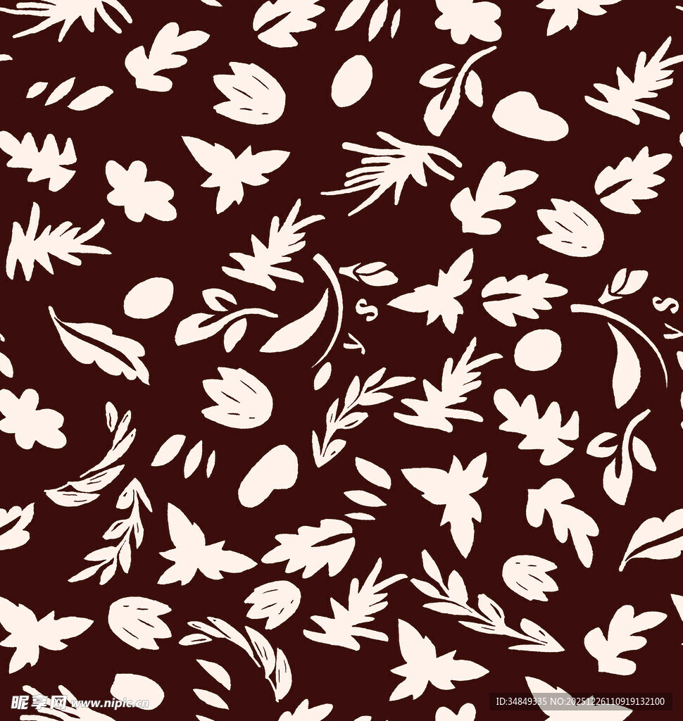 深棕底白色花卉植物图案