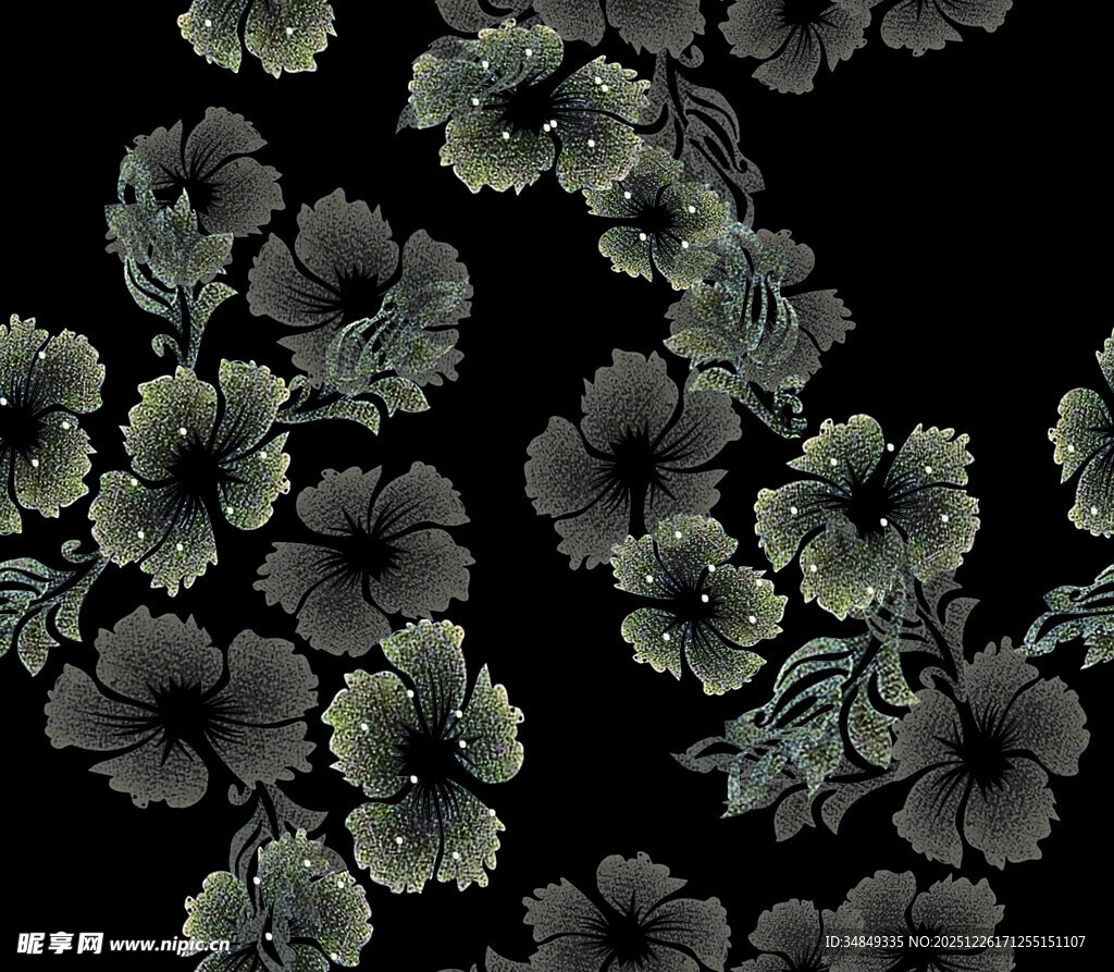 黑色背景上的灰绿色花卉图案
