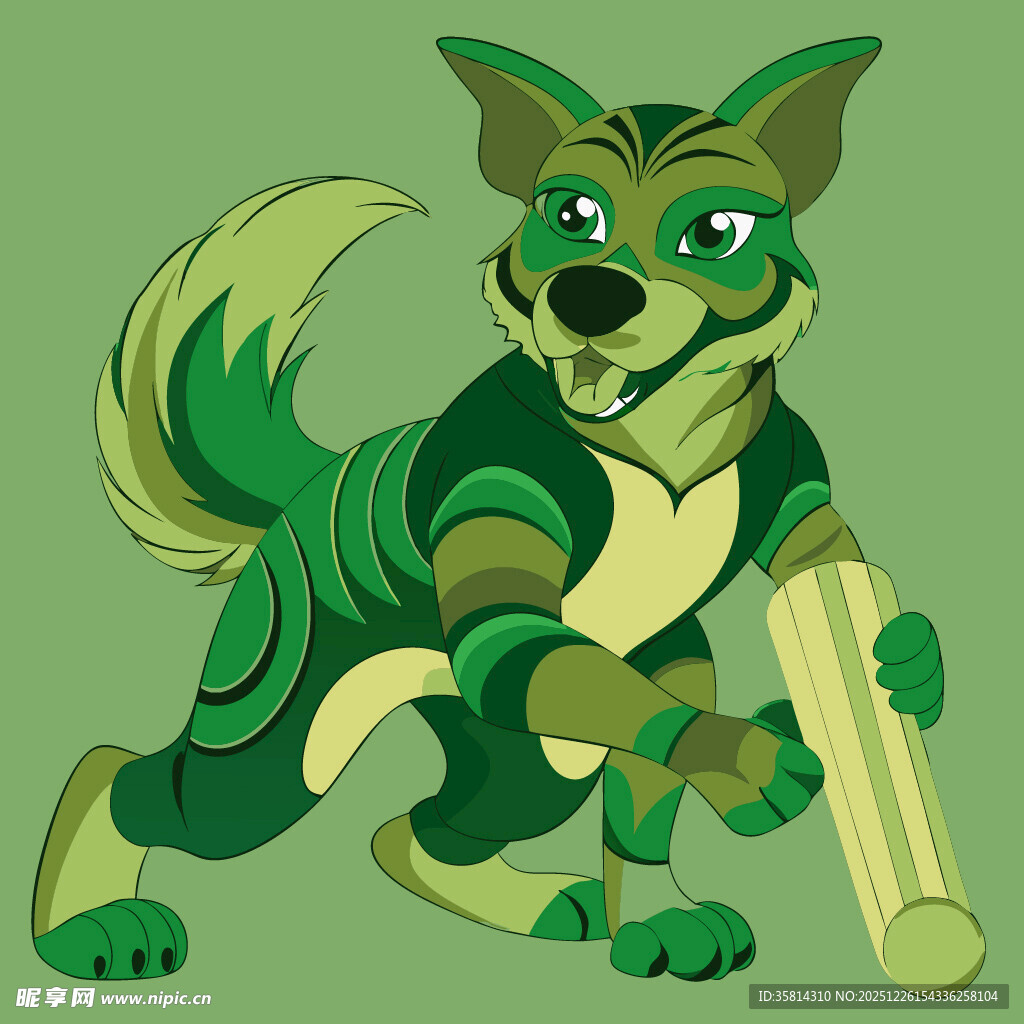 持卷轴的绿色卡通小狗