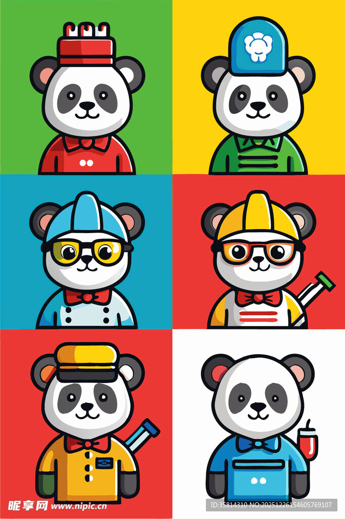 熊猫职业角色趣味插画