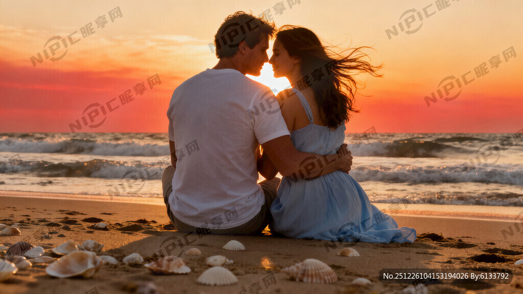 夕阳下的沙滩情侣