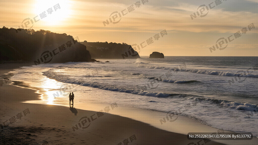 超大广角 夕阳下的海浪沙滩情侣