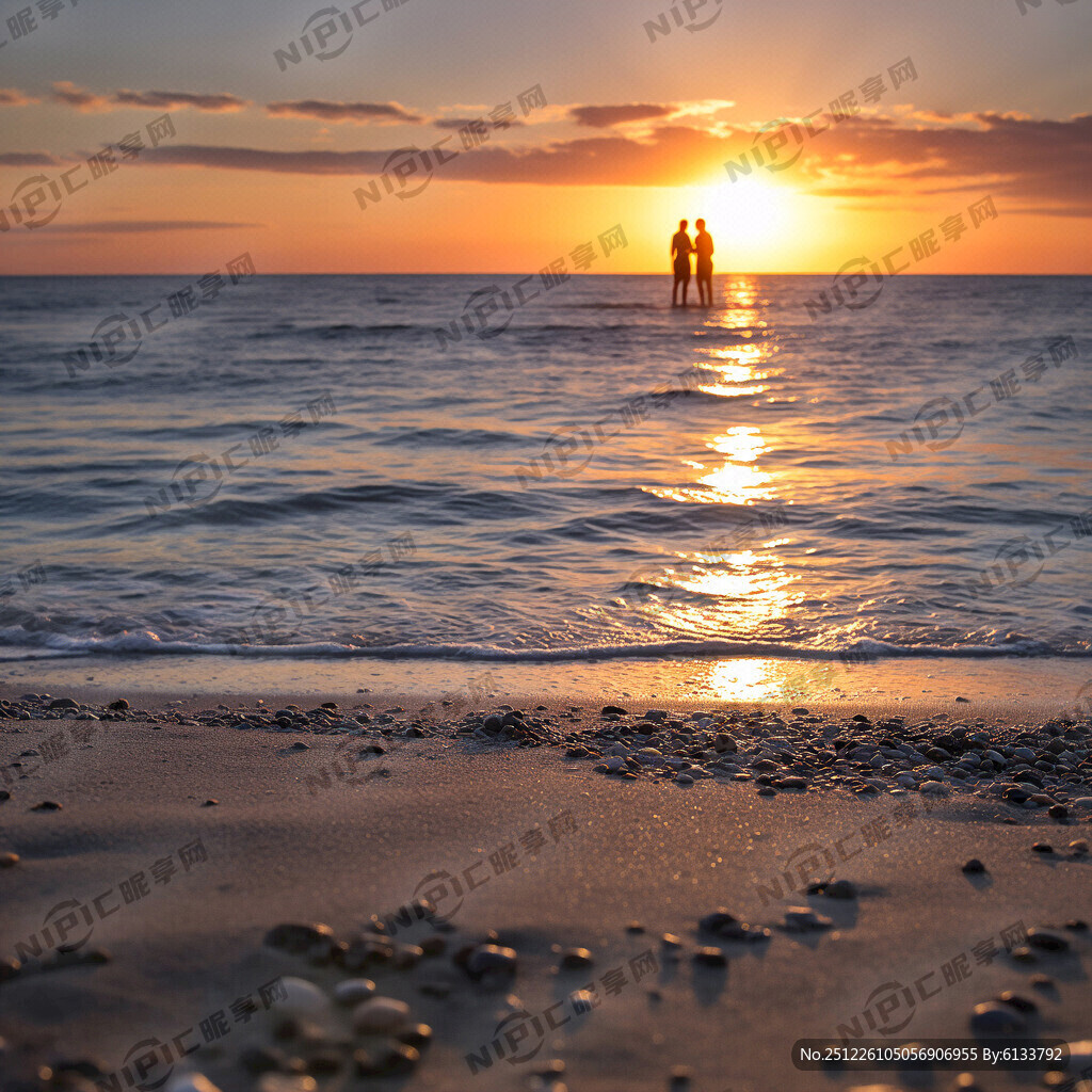 超大广角  夕阳下的大海沙滩