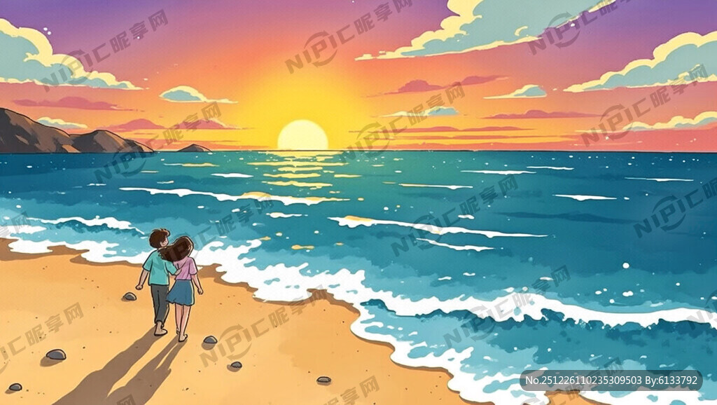 超大广角 夕阳大海沙滩卡通情侣