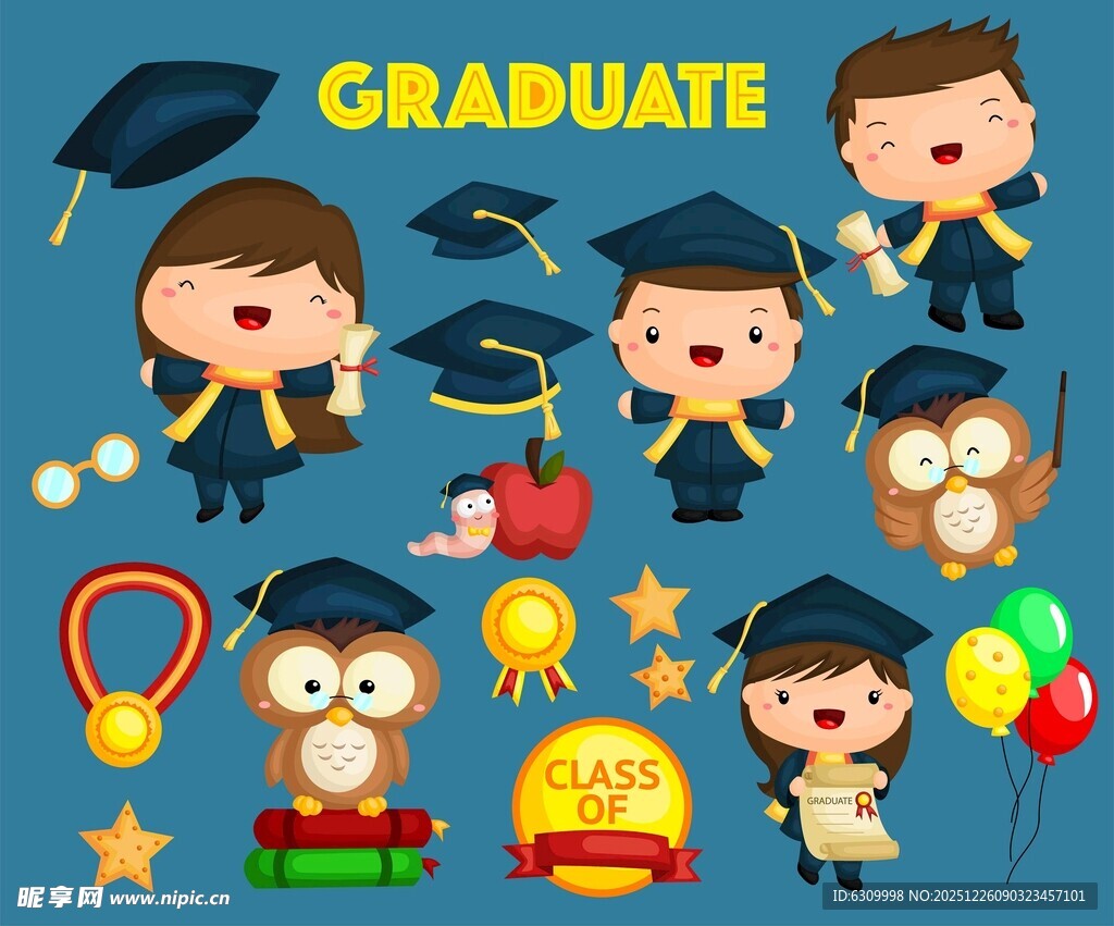 毕业季卡通角色与庆祝元素