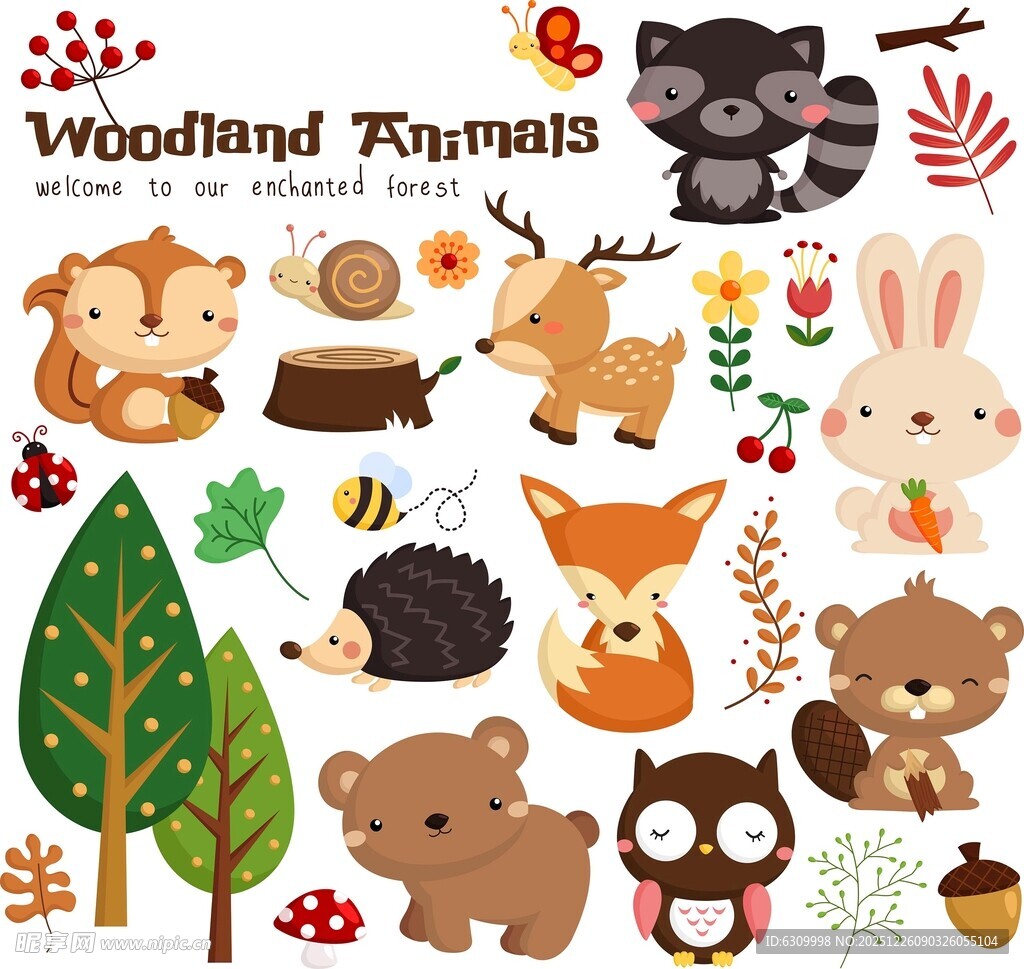 森林动物与植物可爱贴纸