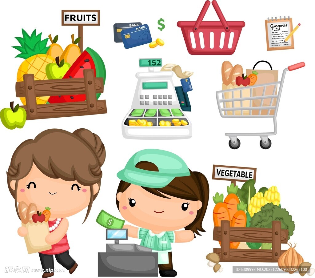 超市购物场景插画