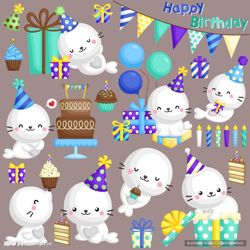 海豹生日派对可爱插画