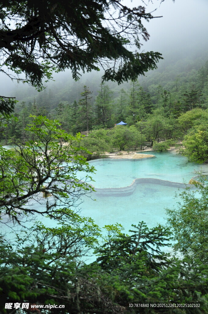 云雾中的幽美翠绿湖泊