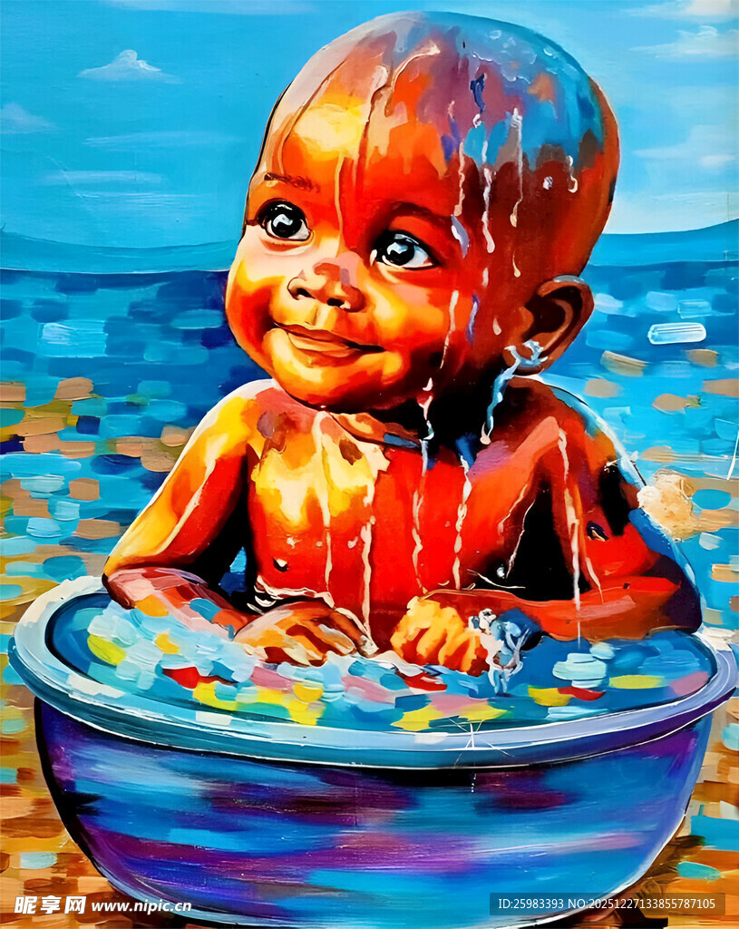 沐浴的儿童油画