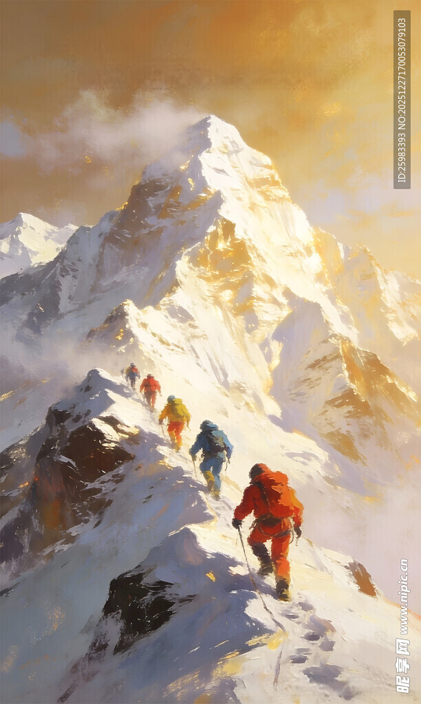 雪山攀登油画
