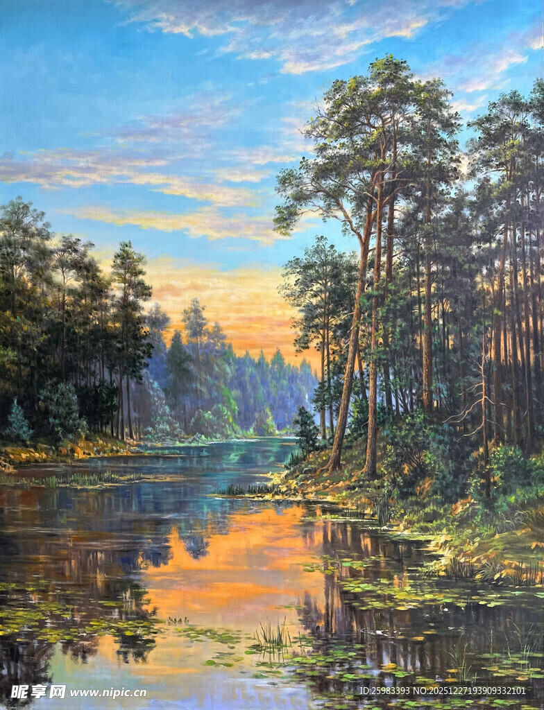 湖畔森林油画
